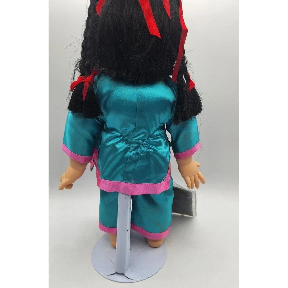 Vintage Chinese Ruby Doll Turquoise Satin Brocade Outfit Passport and Stand